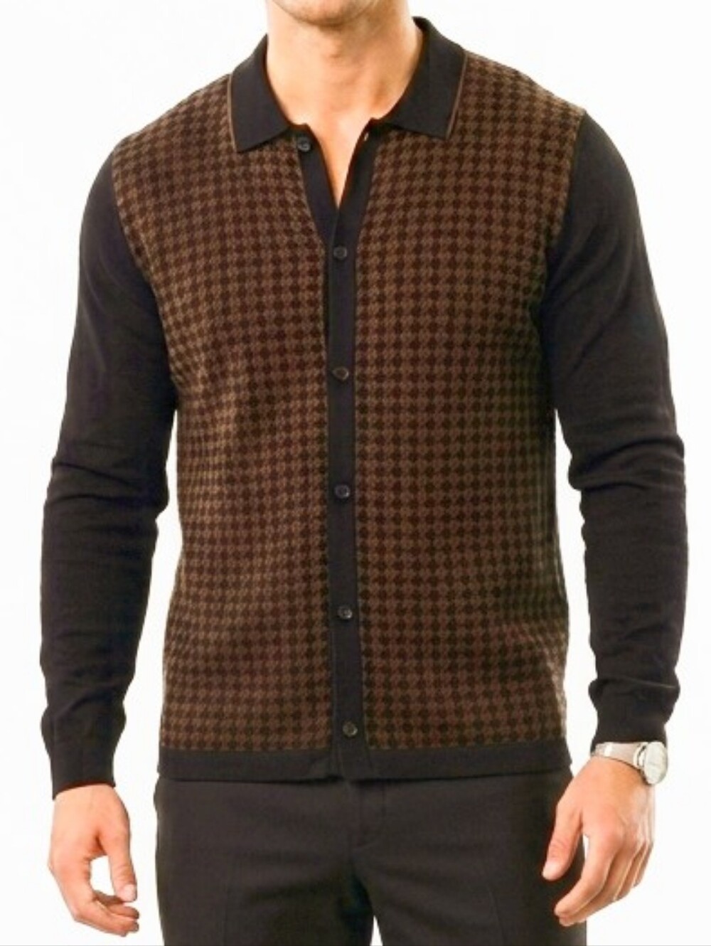 Express Men's Black and Brown Houndstooth Knit Button-Up Shirt XL